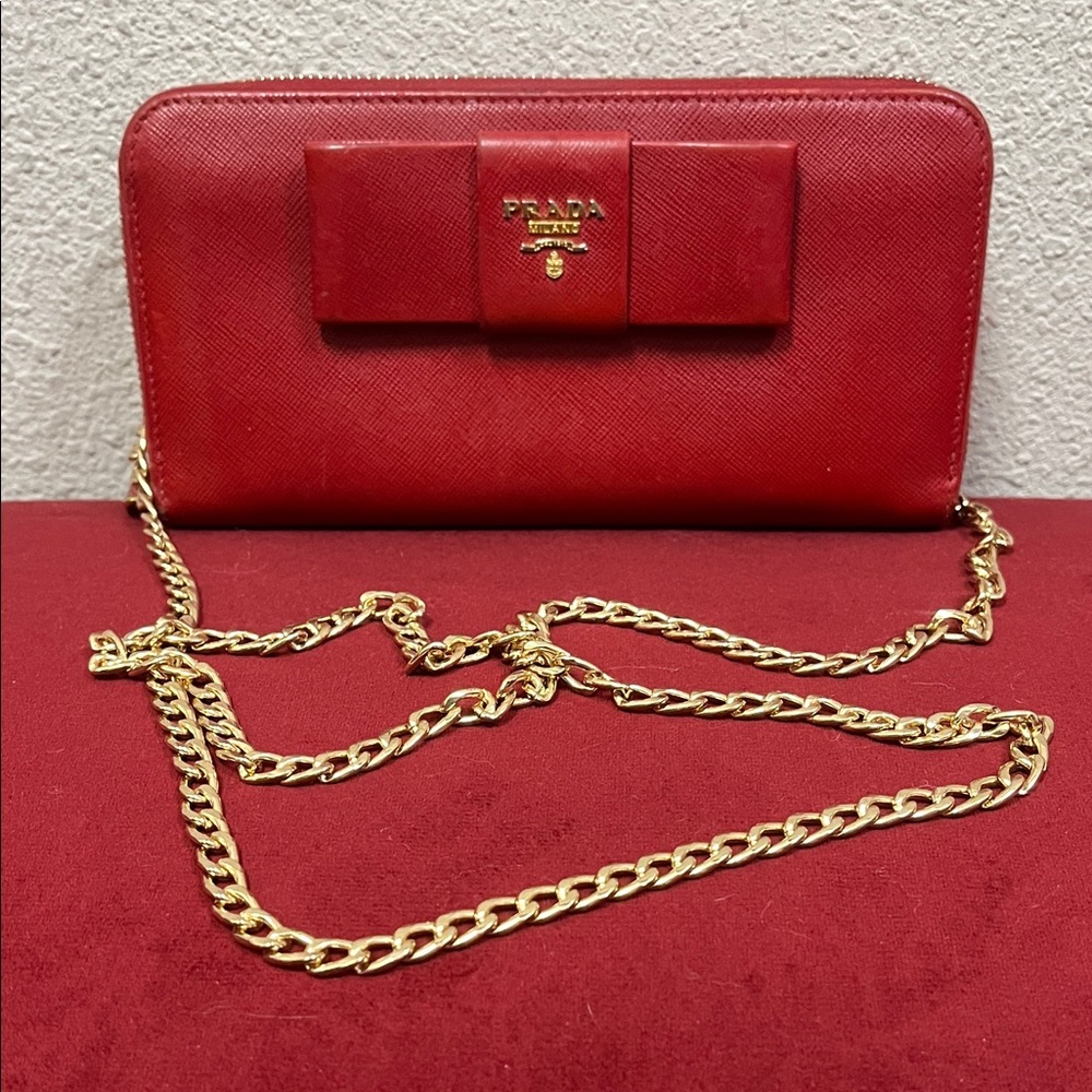 Prada Red Clutch with Gold Chain